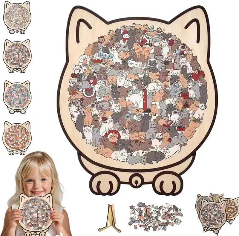 Brown 3 Color 135 Piece Cat Shaped Wooden Jigsaw Puzzle Creative Home Decor Gift - Image 1